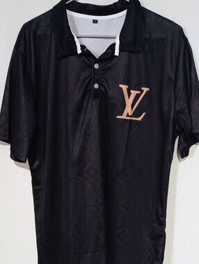 LV  emblem collared short sleeve shirt polyester Black XL